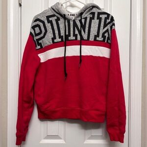 Victoria's Secret PINK Colorblock Logo Hoodie Red Gray Small